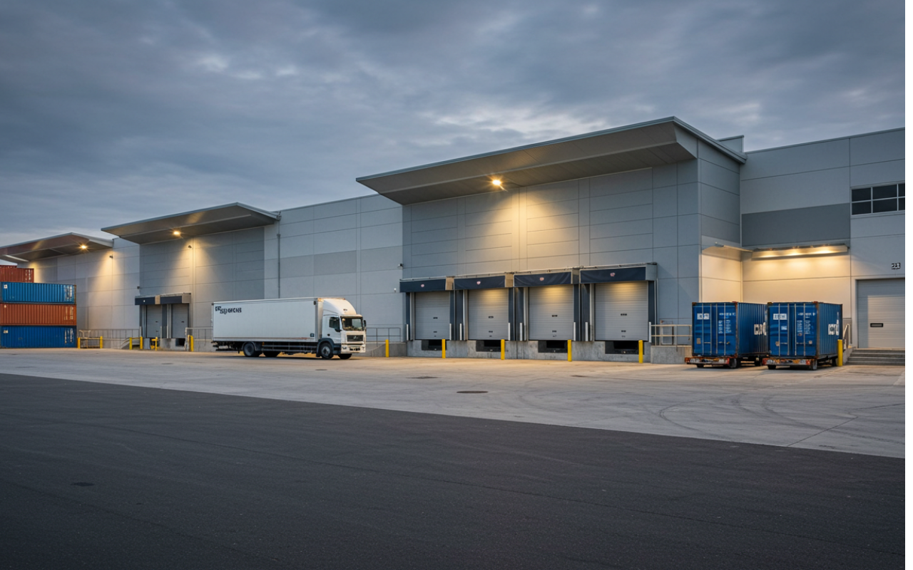 A modern warehouse facility in Brisbane with shipping containers and delivery trucks parked outside, showcasing short-term commercial storage options