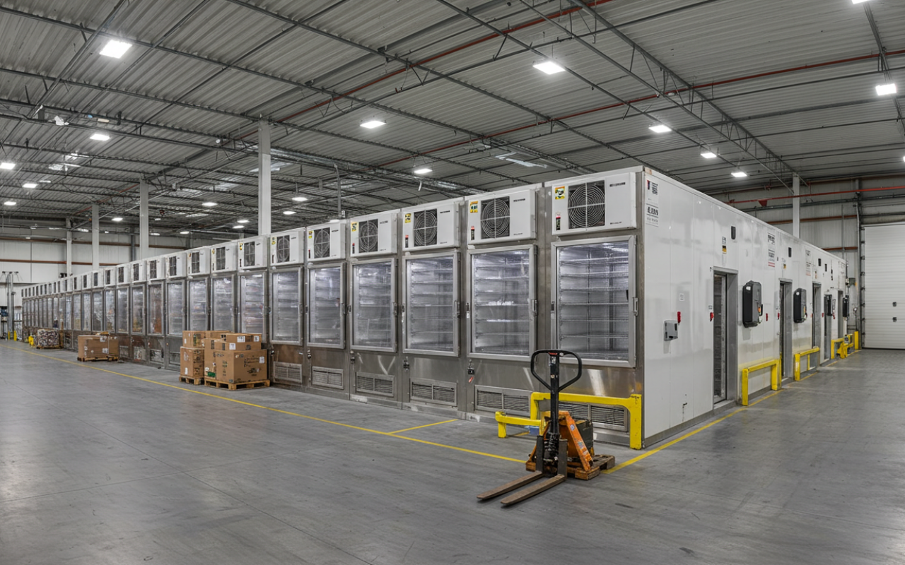 Refrigerated reefer storage units inside a Brisbane warehouse, designed for perishable goods and temperature-controlled logistics